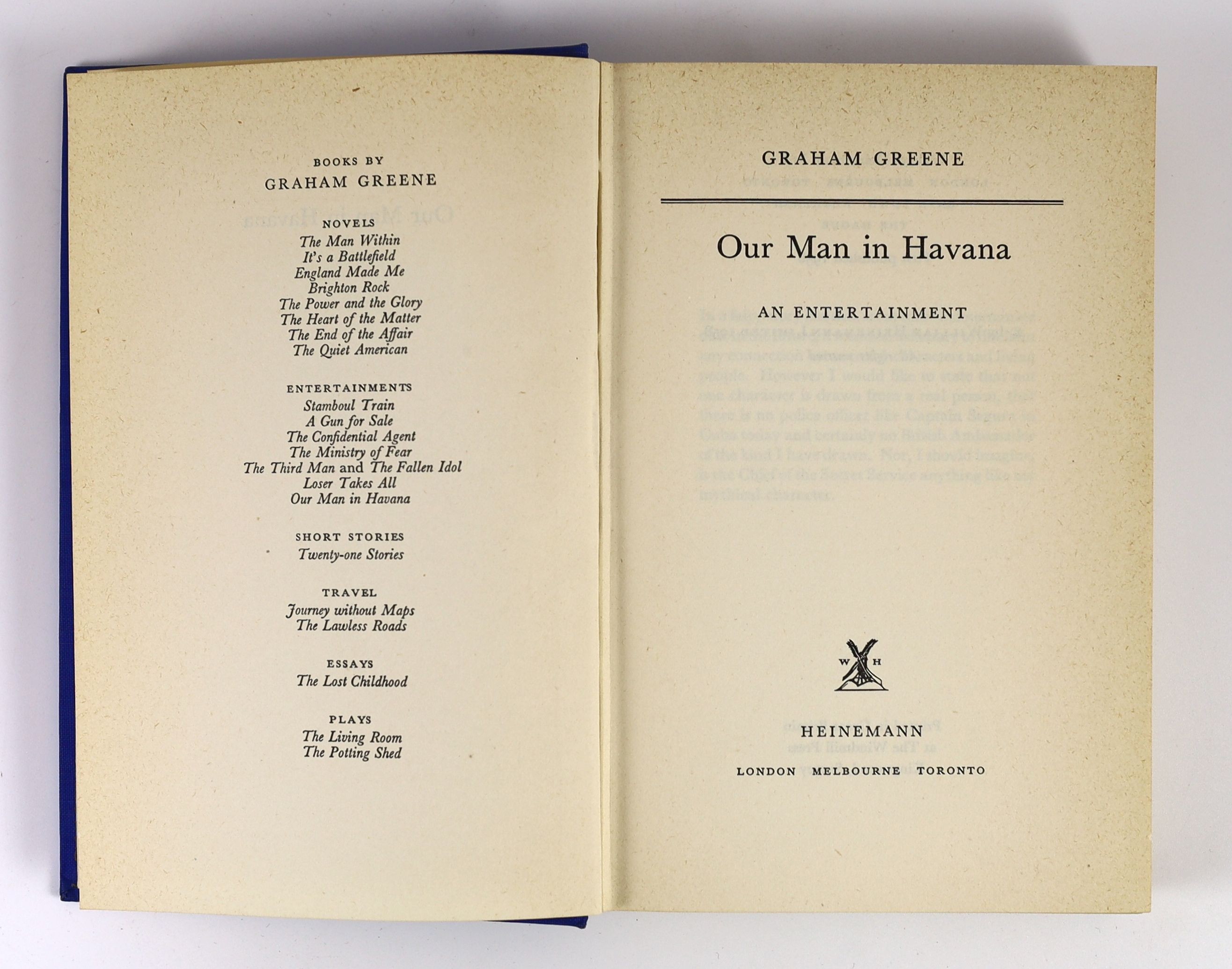 Greene, Graham - Our Man in Havana, 1st edition, in clipped d/j, William Heinemann, London, 1958